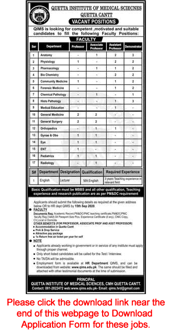 Quetta Institute of Medical Sciences Jobs August 2020 September Application Form Teaching Faculty QIMS Latest