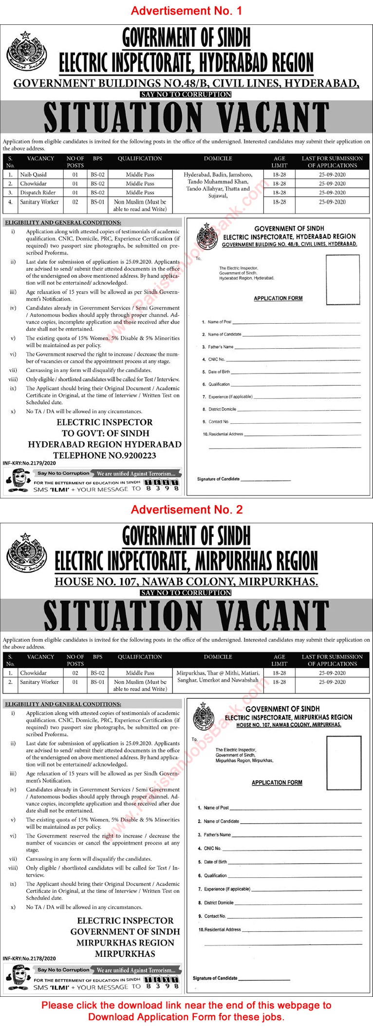 Electric Inspectorate Hyderabad / Mirpurkhas Jobs 2020 September Application Form Latest