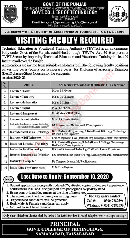 Lecturers / Instructor Jobs in Government College of Technology Faisalabad 2020 September TEVTA Latest
