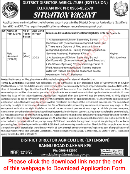 Field Assistant Jobs in Agriculture Department Dera Ismail Khan 2020 September KPK Application Form Latest