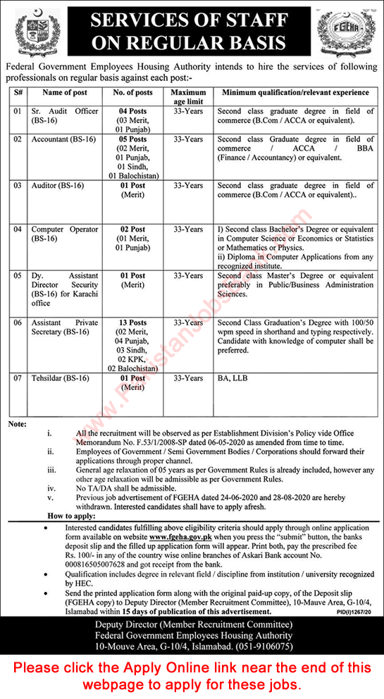 Federal Government Employees Housing Authority Jobs September 2020 FGEHA Online Application Form Latest