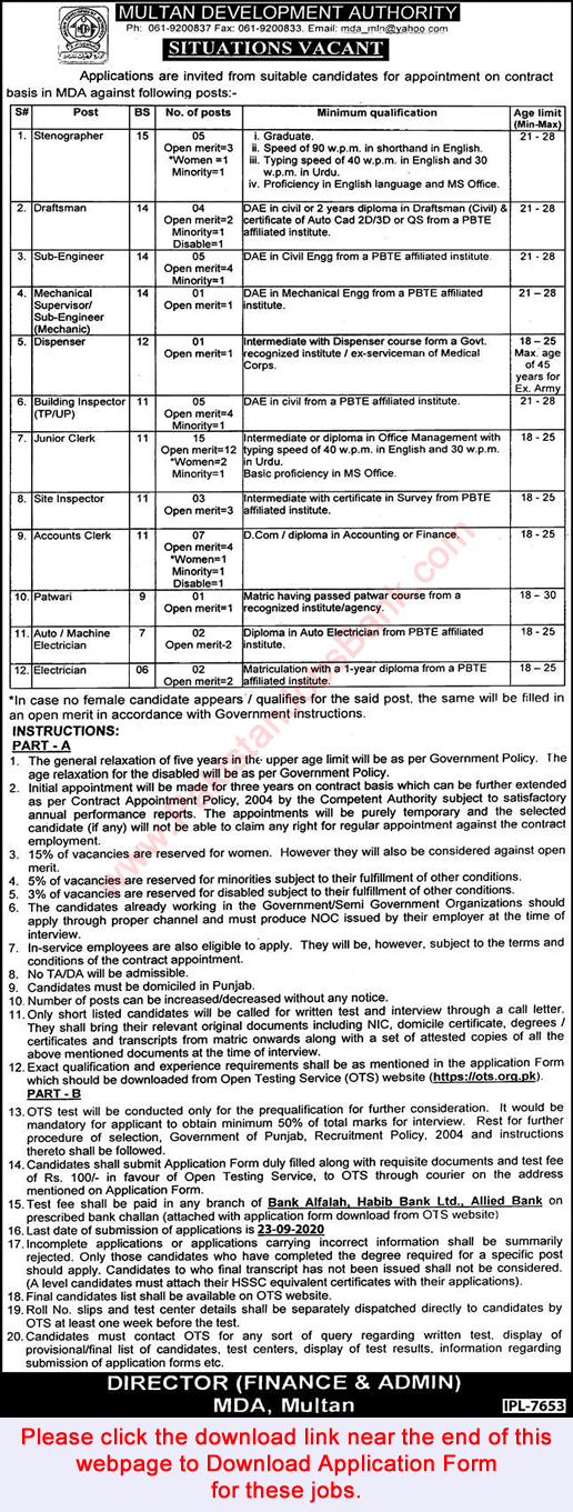 Multan Development Authority Jobs 2020 September MDA OTS Application Form Latest