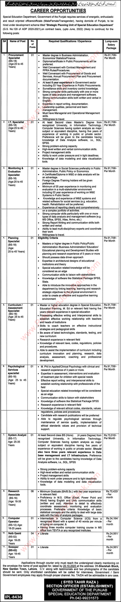 Special Education Department Punjab Jobs October 2020 Latest