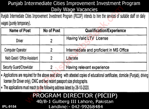 Punjab Intermediate Cities Improvement Investment Program Jobs 2020 October PICIIP Latest