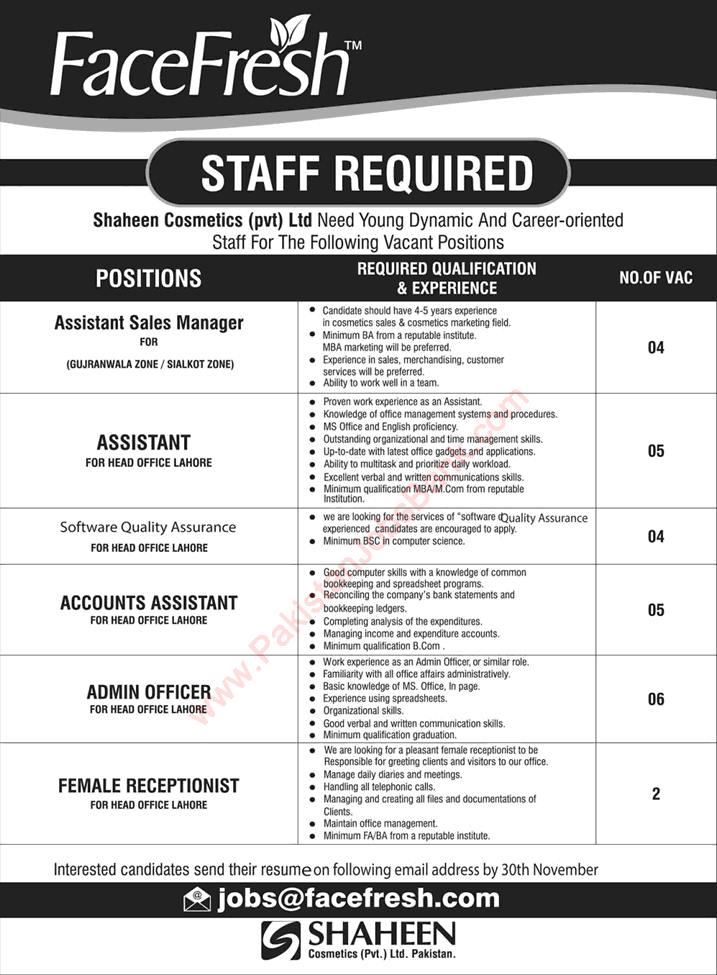 Shaheed Cosmetics Pvt Ltd Pakistan Jobs 2020 November Accounts Assistant, Sales Managers & Others Latest