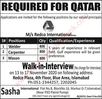 Redco International Qatar Jobs 2020 November Walk in Interview Carpenters, Welders & Masons Latest