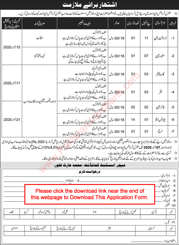 Central Ordnance Depot Lahore Jobs 2020 November Application Form USM & Others Pak Army Latest