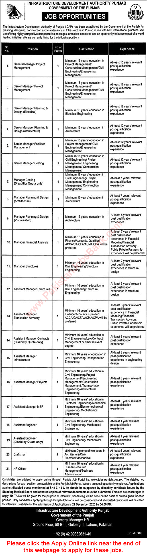 Infrastructure Development Authority Punjab Jobs December 2020 Apply Online IDAP Assistant Managers & Others Latest