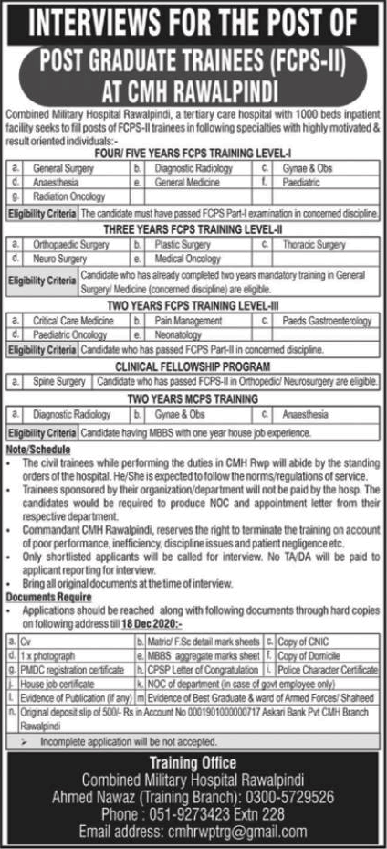 CMH Rawalpindi FCPS Postgraduate Training December 2020 Combined Military Hospital Latest