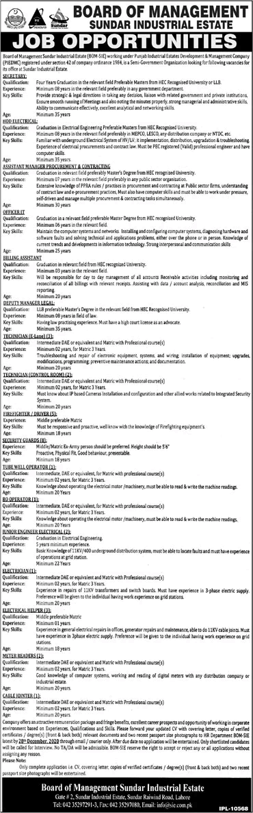 Board of Management Sundar Industrial Estate Lahore Jobs 2020 December Security Guards & Others Latest