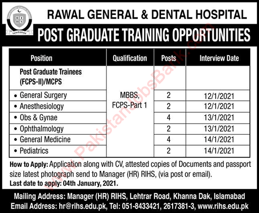 Rawal General and Dental Hospital Islamabad Postgraduate Training December 2020 RIHS Latest