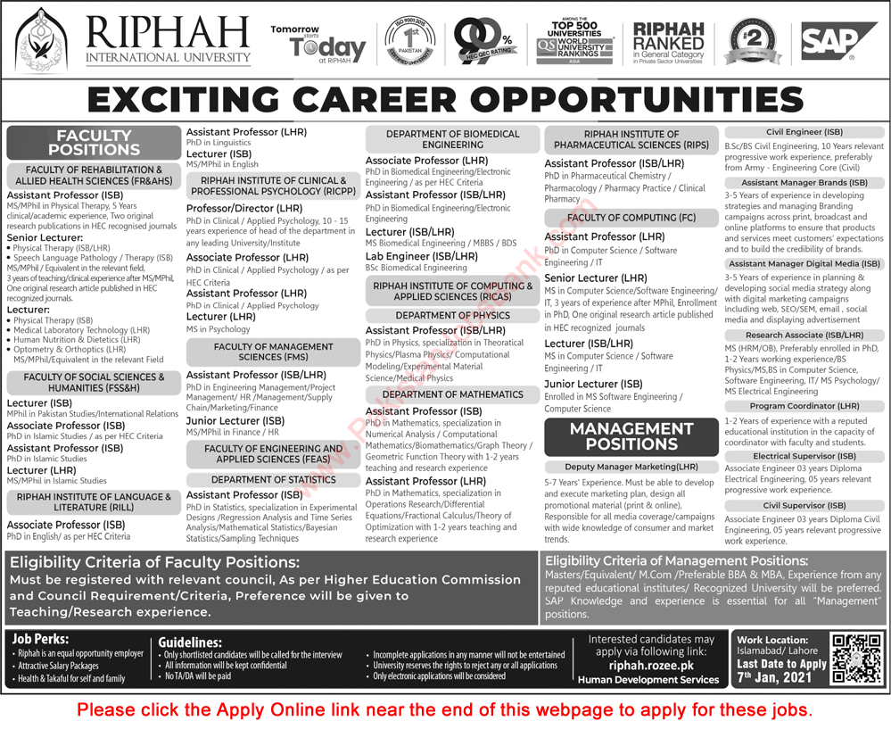 Riphah International University Jobs December 2020 / 2021 Apply Online Teaching Faculty & Others Latest