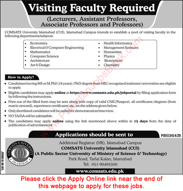 COMSATS University Islamabad Jobs December 2020 / 2021 CUI Apply Online Visiting / Teaching Faculty Latest