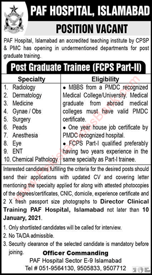 PAF Hospital Islamabad FCPS Postgraduate Trainee Jobs 2021 Latest
