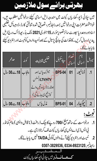 Base Supply Depot Kharian Jobs 2021 Chowkidar & Driver Pak Army Latest