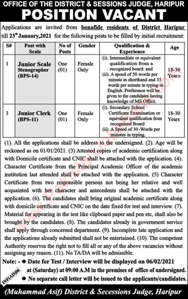 District and Session Court Haripur Jobs 2021 Clerks & Stenographer Latest