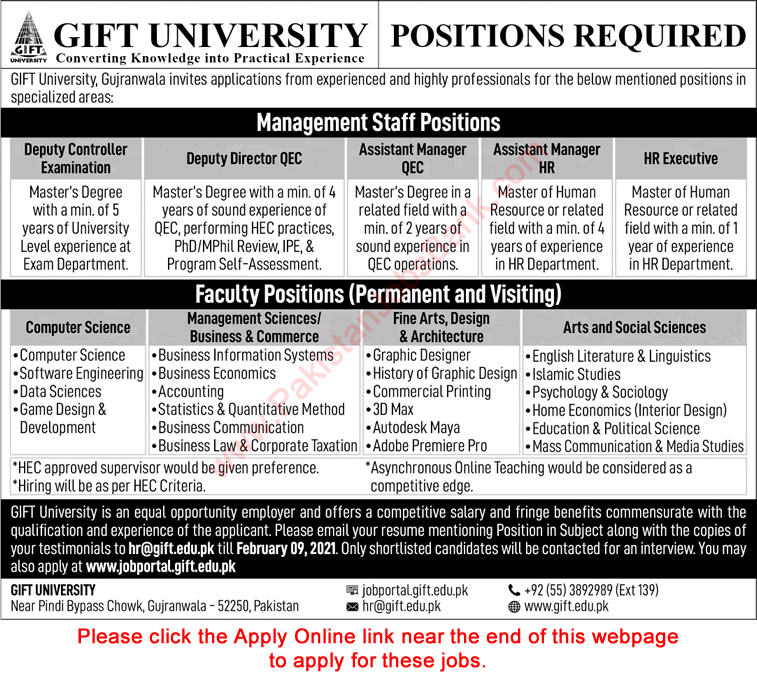 GIFT University Gujranwala Jobs 2021 Apply Online Teaching Faculty & Others Latest