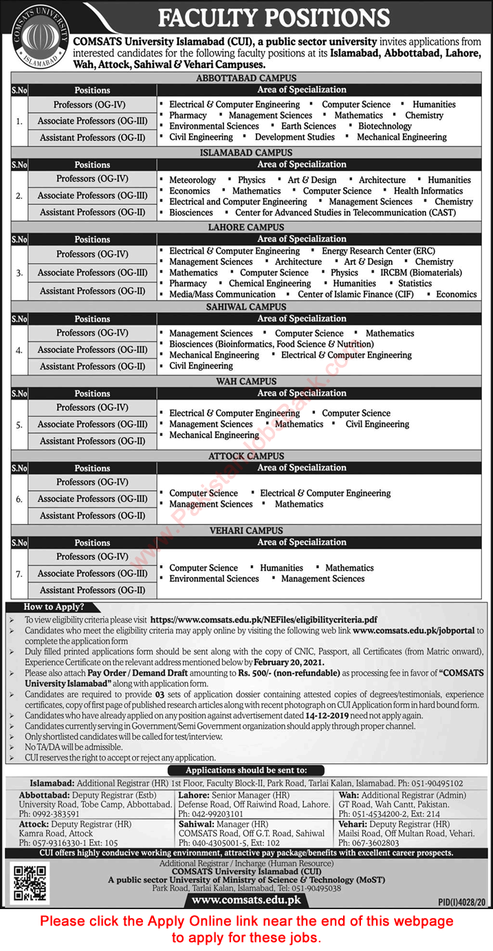 Teaching Faculty Jobs in COMSATS University 2021 January / February CUI Apply Online Latest