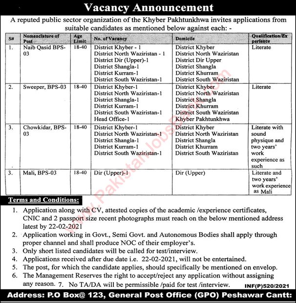 PO Box 123 GPO Peshawar Jobs 2021 February Naib Qasid & Others Public Sector Organization Latest