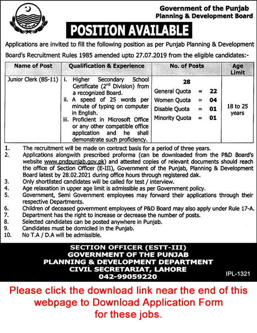Clerk Jobs in Planning and Development Department Punjab 2021 February Application Form Latest