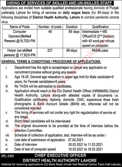 Health Department Lahore Jobs 2021 February Helpers & Computer Operators in District Health Authority Latest