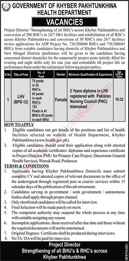 Lady Health Visitor Jobs in Health Department KPK 2021 February LHV Latest