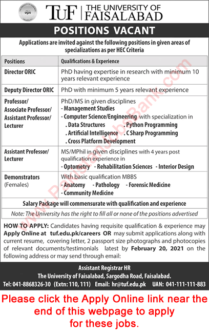 University of Faisalabad Jobs 2021 February Apply Online Teaching Faculty & Others Latest