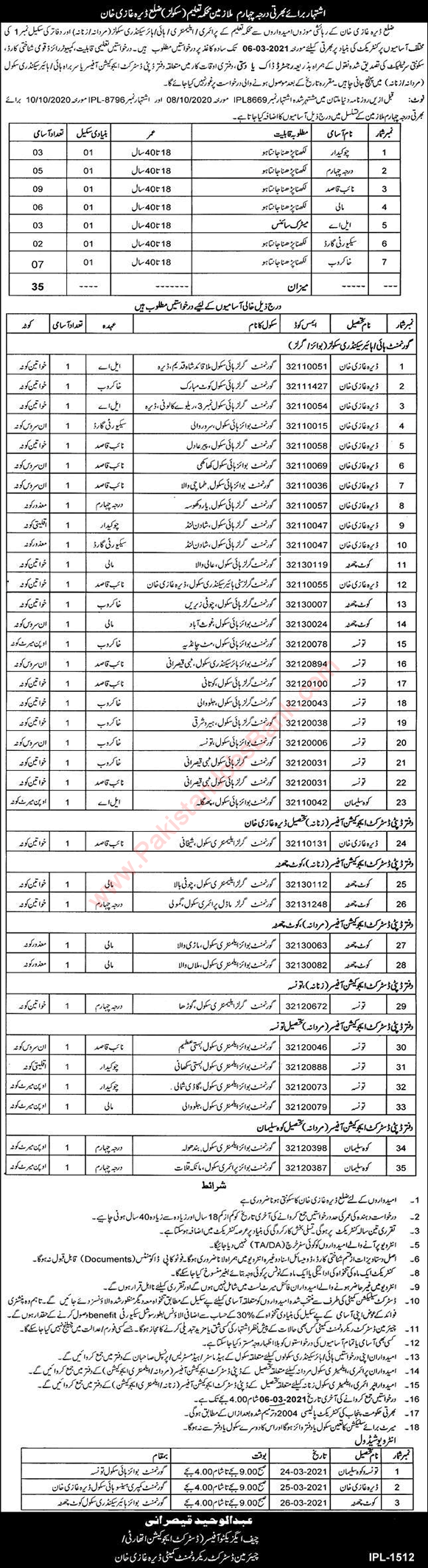 School Education Department Dera Ghazi Khan Jobs 2021 February Naib Qasid, Khakroob & Others Latest
