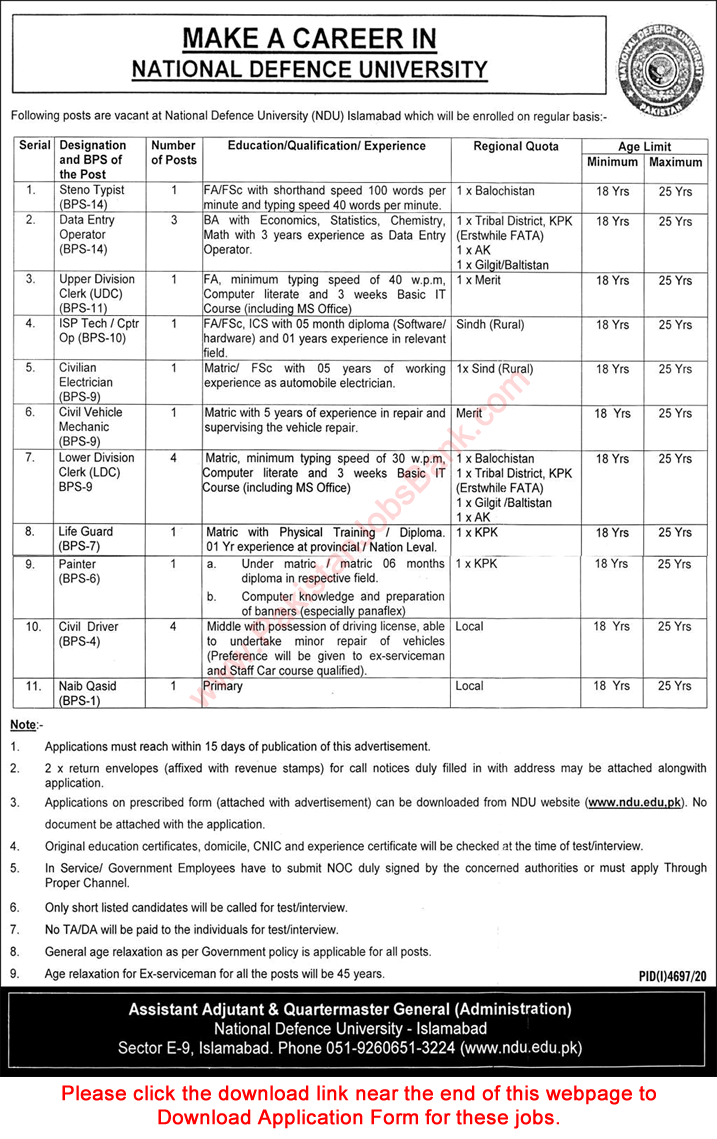 National Defence University Islamabad Jobs 2021 March NDU Application Form Clerks, Drivers & Others Latest
