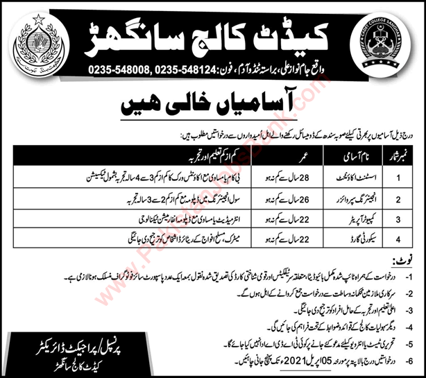 Cadet College Sanghar Jobs 2021 March Computer Operator, Security Guard & Others Latest