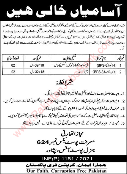 PO Box 624 GPO Peshawar Jobs 2021 March Drivers & Naib Qasid Public Sector Organization Latest