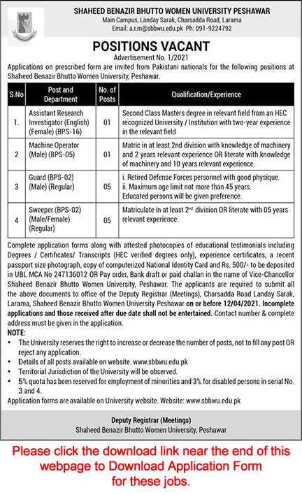 Shaheed Benazir Bhutto Women University Peshawar Jobs 2021 March Application Form Latest