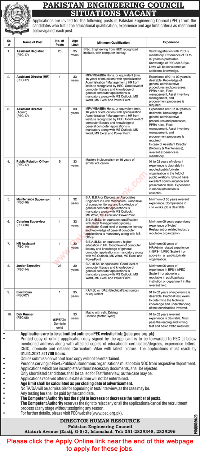PEC Jobs 2021 March Apply Online Pakistan Engineering Council Latest