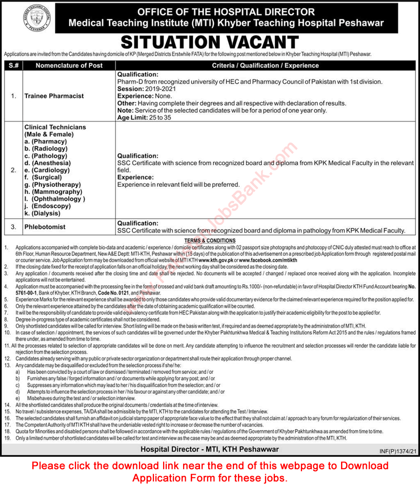 Khyber Teaching Hospital Peshawar Jobs March 2021 MTI KTH  Application Form Latest