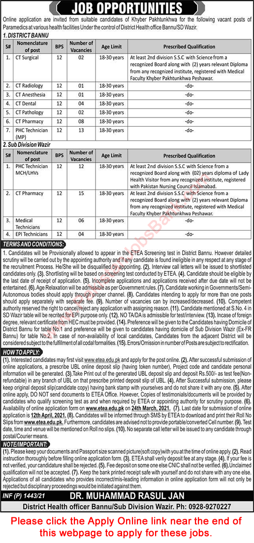 Health Department Bannu Jobs 2021 March ETEA Apply Online Clinical Technicians & Others Latest