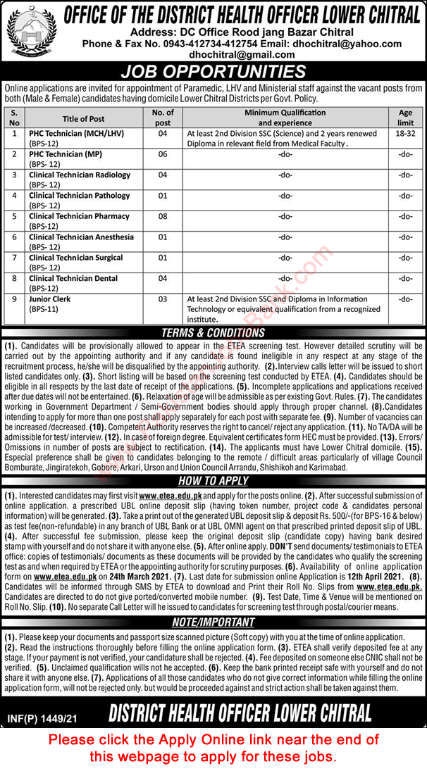 Health Department Lower Chitral Jobs 2021 March ETEA Apply Online Clinical Technicians & Clerks Latest