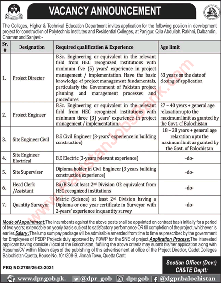 Colleges Higher and Technical Education Department Balochistan Jobs 2021 March / April Site Engineers & Others Latest