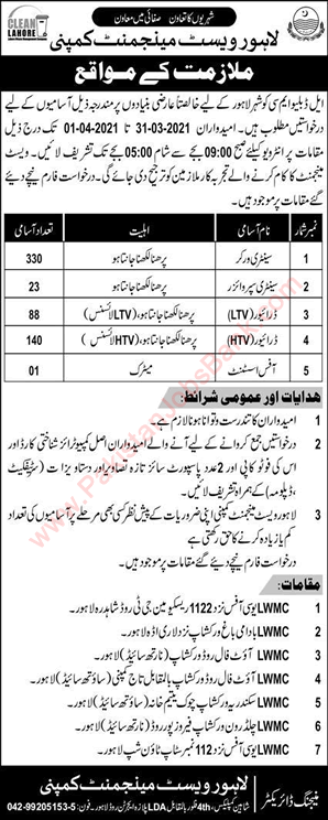 Lahore Waste Management Company Jobs March / April 2021 LWMC Sanitary Workers, Supervisors & Others Latest