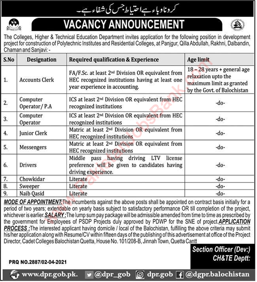 Colleges Higher and Technical Education Department Balochistan Jobs April 2021 Computer Operators & Others Latest
