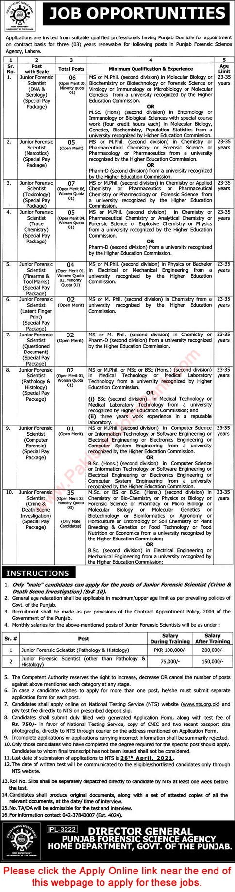 Junior Forensic Scientist Jobs in Punjab Forensic Science Agency Lahore April 2021 NTS Apply Online Latest