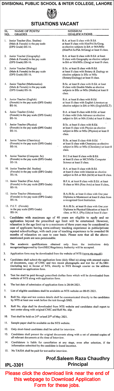 Divisional Public School and Inter College Lahore Jobs 2021 April NTS Application Form Teachers & PET Latest