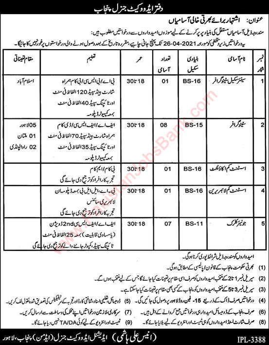 Additional Advocate General Office Punjab Jobs 2021 April Stenographers, Clerks & Others Latest