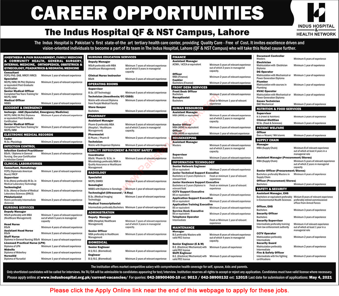 Indus Hospital Lahore Jobs 2021 April Apply Online QF & NST Campus Latest