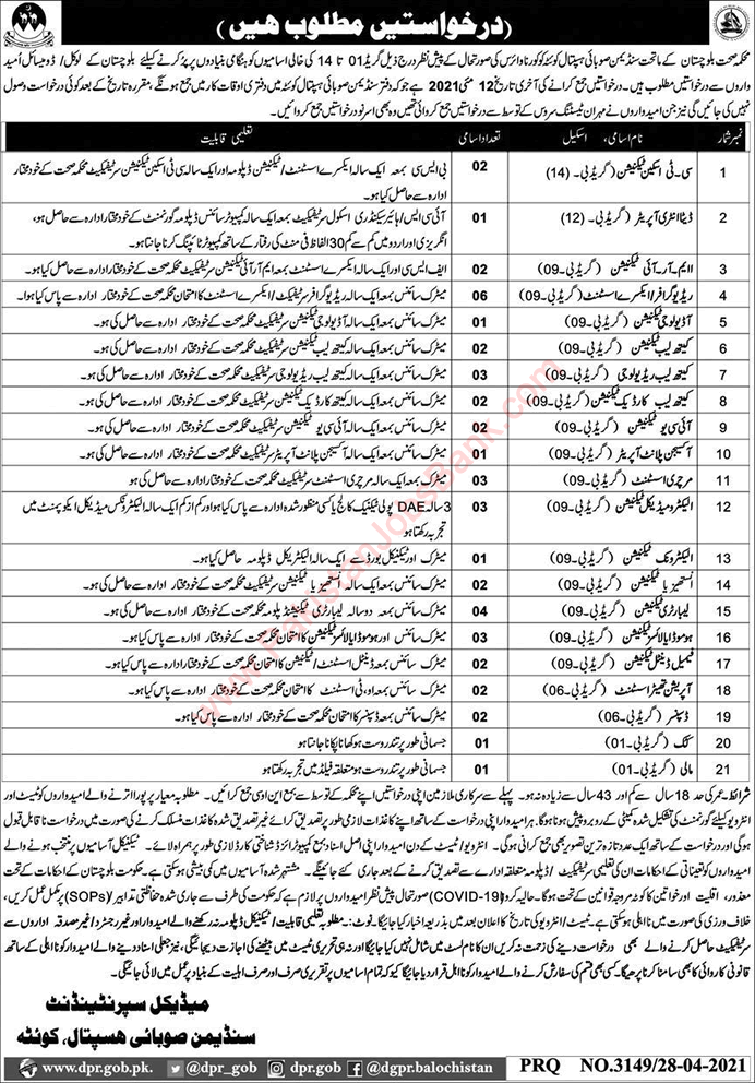 Sandeman Provincial Hospital Quetta Jobs 2021 April / May Medical Technicians & Others Latest