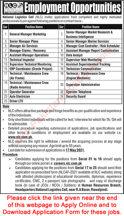 NLC Jobs May 2021 Online Application Form National Logistics Cell Latest