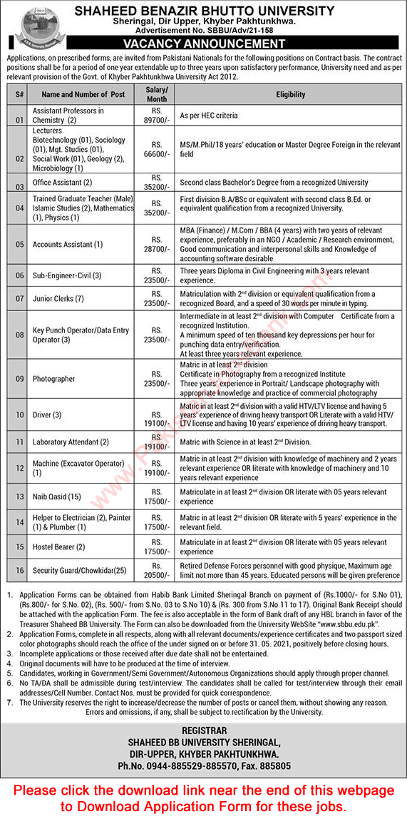 Shaheed Benazir Bhutto University Sheringal Jobs 2021 May Application Form Dir Upper Latest
