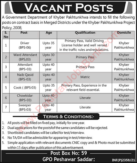PO Box 59 GPO Peshawar Jobs 2021 May Driver, Naib Qasid & Others Latest