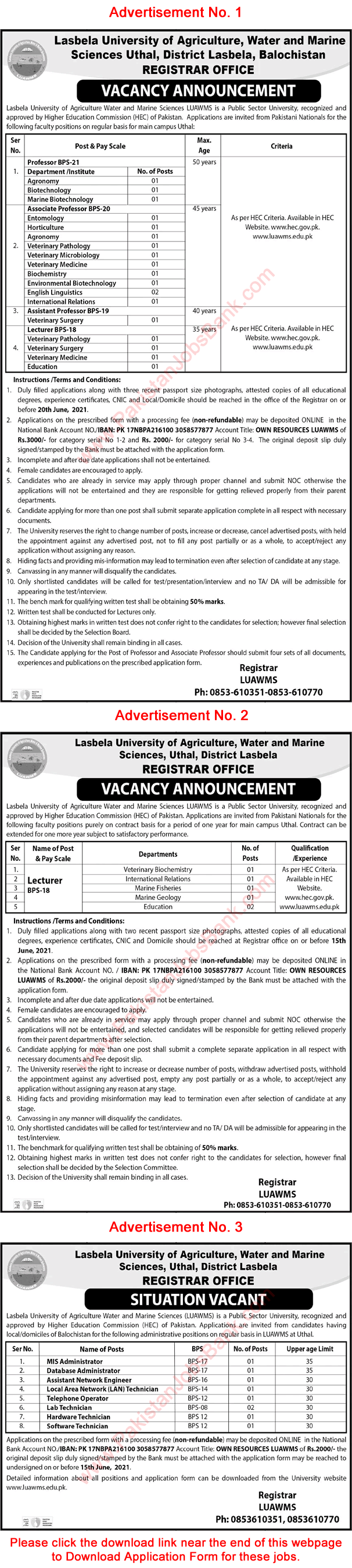 LUAWMS University Uthal Jobs 2021 May Application Form Teaching Faculty & Others Latest