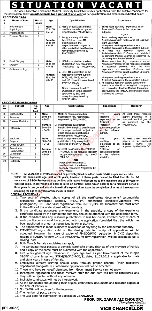 Teaching Faculty Jobs in Faisalabad Medical University 2021 June Latest