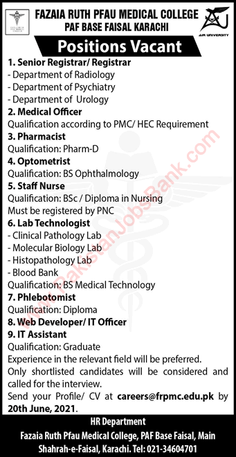 Fazaia Ruth PFAU Medical College Karachi Jobs 2021 June PAF Base Faisal Latest